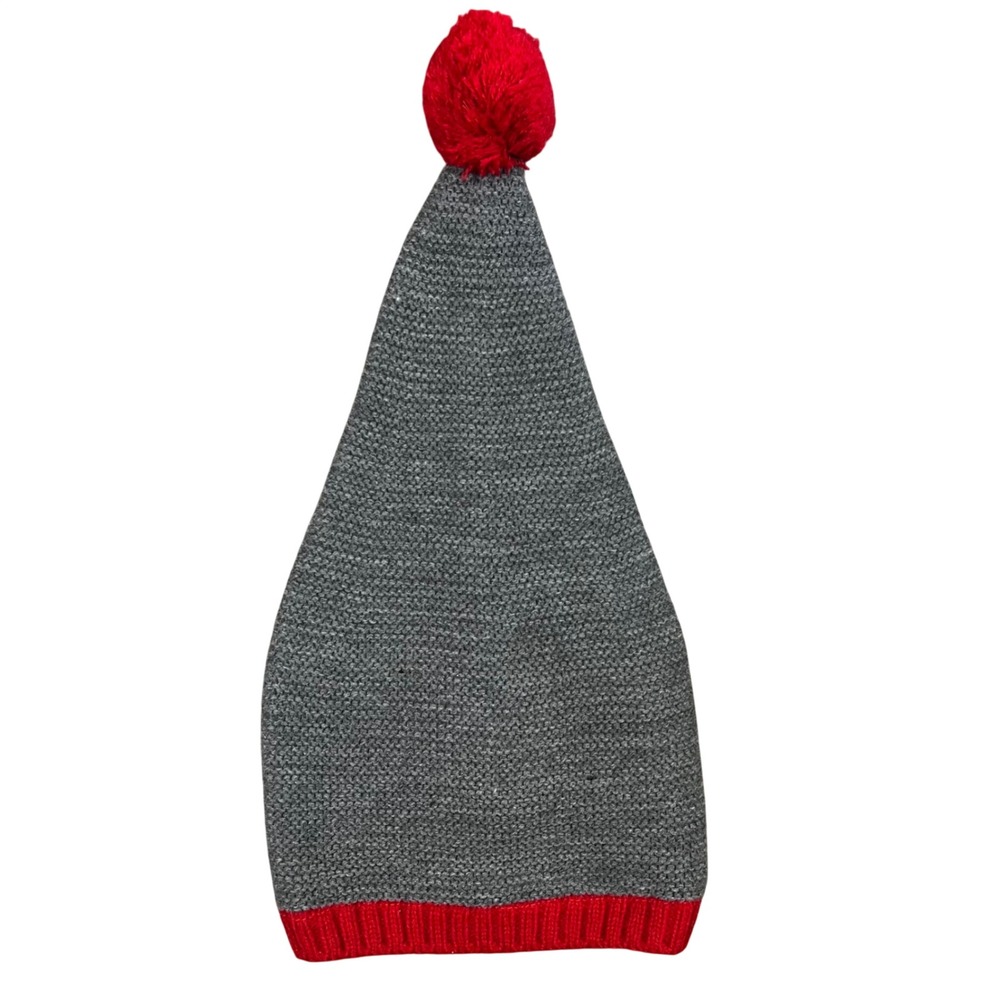 HM Kids Grey Red Knit Gnome Elf Pixie Hat Pom Pom Lined 1-2Y Holiday Winter